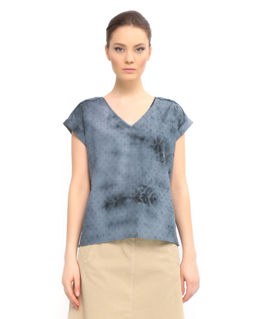 Блуза из хлопка с V-образным вырезом и короткими рукавами - Модель Верх-Низ